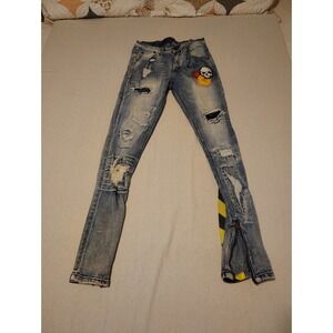 Reason Brand Mens Distressed Slim Jeans Light Wash Skull Patch Zipper Ankle 32